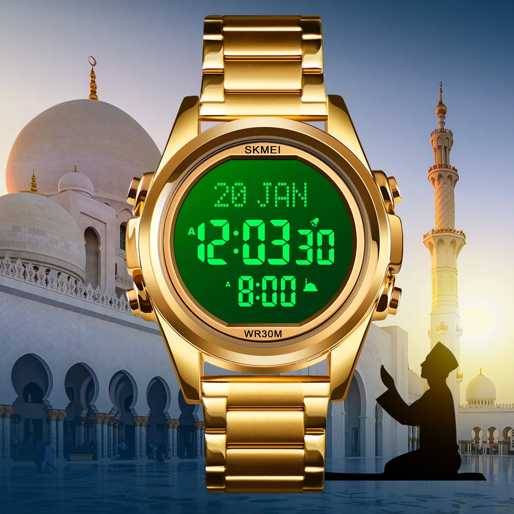 

2021 New Arrival Skmei 1667 Muslim Prayer Montre Watch Wrist Watch Relogio Masculino Stainless Steel Islamic Azan Golden Plastic