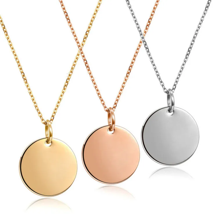 

Custom logo disc round 18k gold engraved metal coin blank pendant necklace, Rose gold/gold/silver