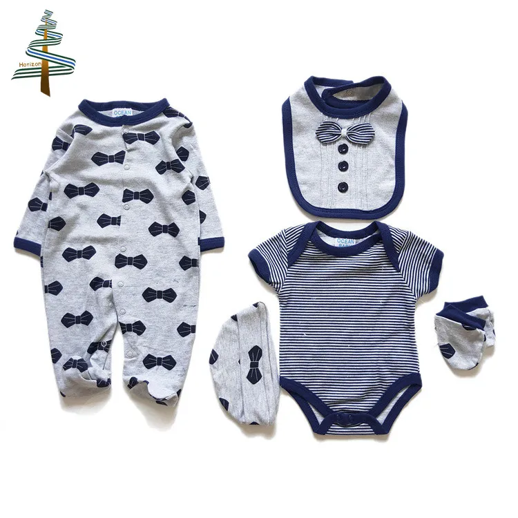 

Wholesale Boutiques New Born Cloth Romper Jumpsuit Bib Gift Clothes Set Newborn Babies 100 % Cotton 5 pcs Set