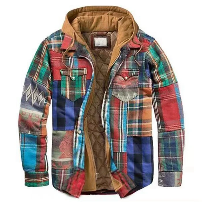 

Mens Classic Autumn Winter Long Sleeve Button Warm Thick Lining Cotton Quilted Padded Plaid Printed Hooded Flannel Shirt Jacket, 6colors