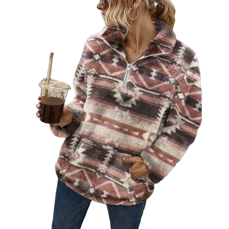 

Autumn and Winter New Women's Long Sleeve Wool Sweatshirt Retro Fashion Striped Half Zipper Plush Pullover, Picture color