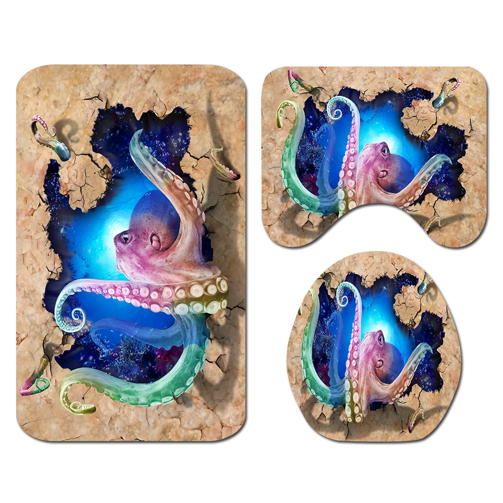 octopus waterproof polyester fabric 4 piece bathroom rug mat and shower curtain sets