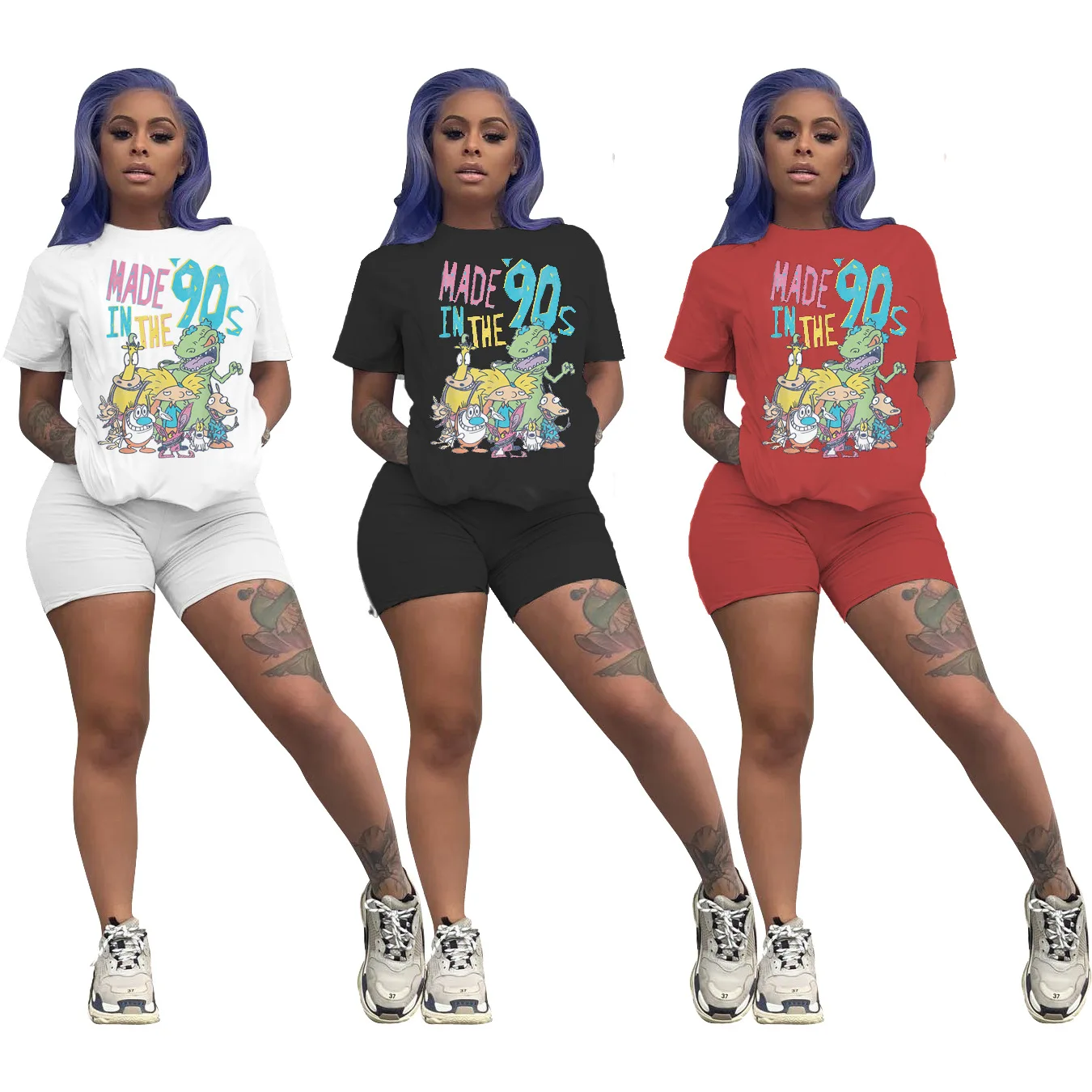 

2020 Cartoon Printed Trendy Plus Size Two Piece Matching Set Women Casual Boutique Clothing Summer Ropa De Mujer, Picture