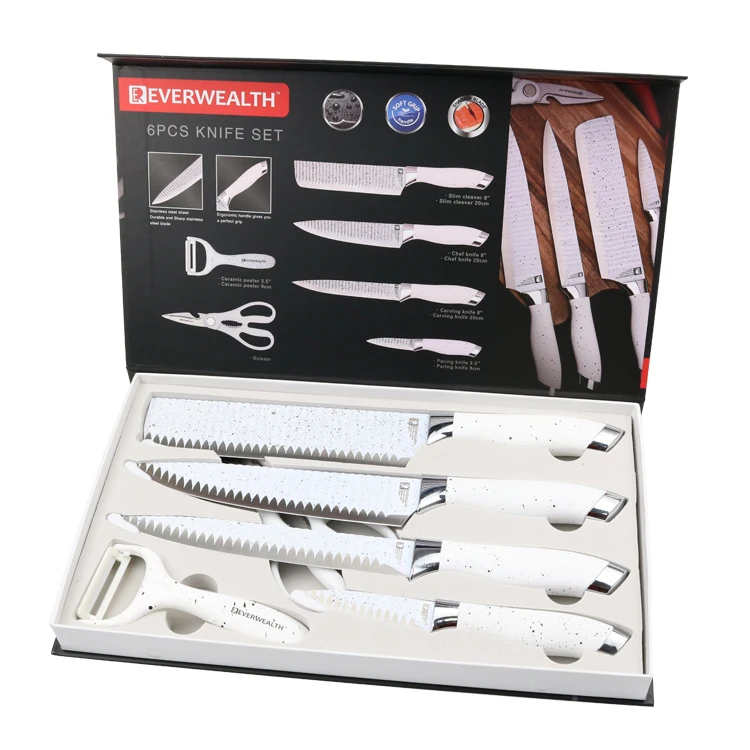 

EVERWEALTH 6-Piece stainless steel Chef Knives Set blade with marble non-stick coating, White