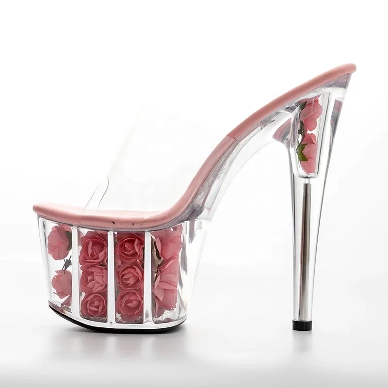 

about 7 inch transparent heel slide sandals sexy Rose Crystal Love 17 cm super high heels platform high heels nightclub, Black