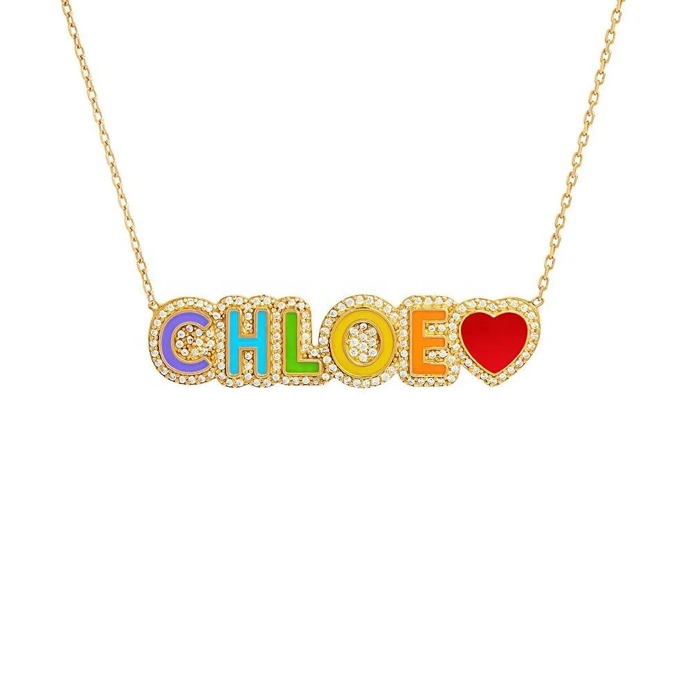 

Rainbow Pave Outline Nameplate With Zirconia Colorful Personalized Bubble Letter Necklace Pendant Custom Enamel Name Necklace, Picture