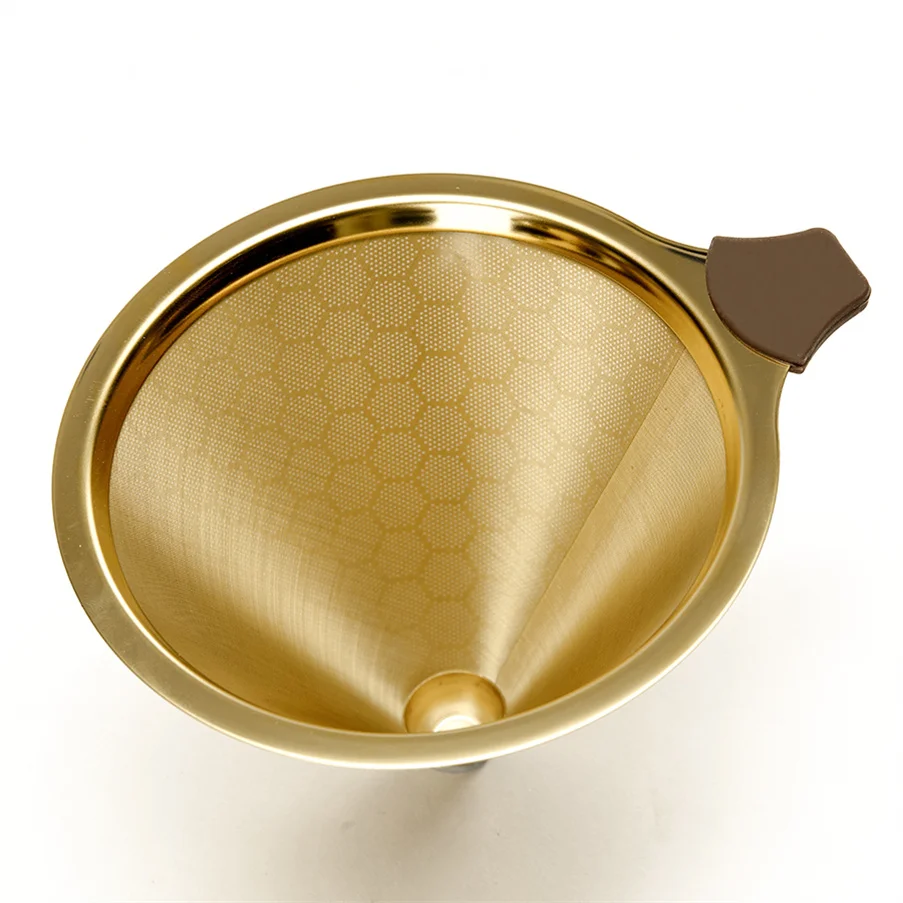 

High Quality Coffee Filter Hand Stainless Steel Reusable Coffee Cone Filter, Stainless steel color and golden
