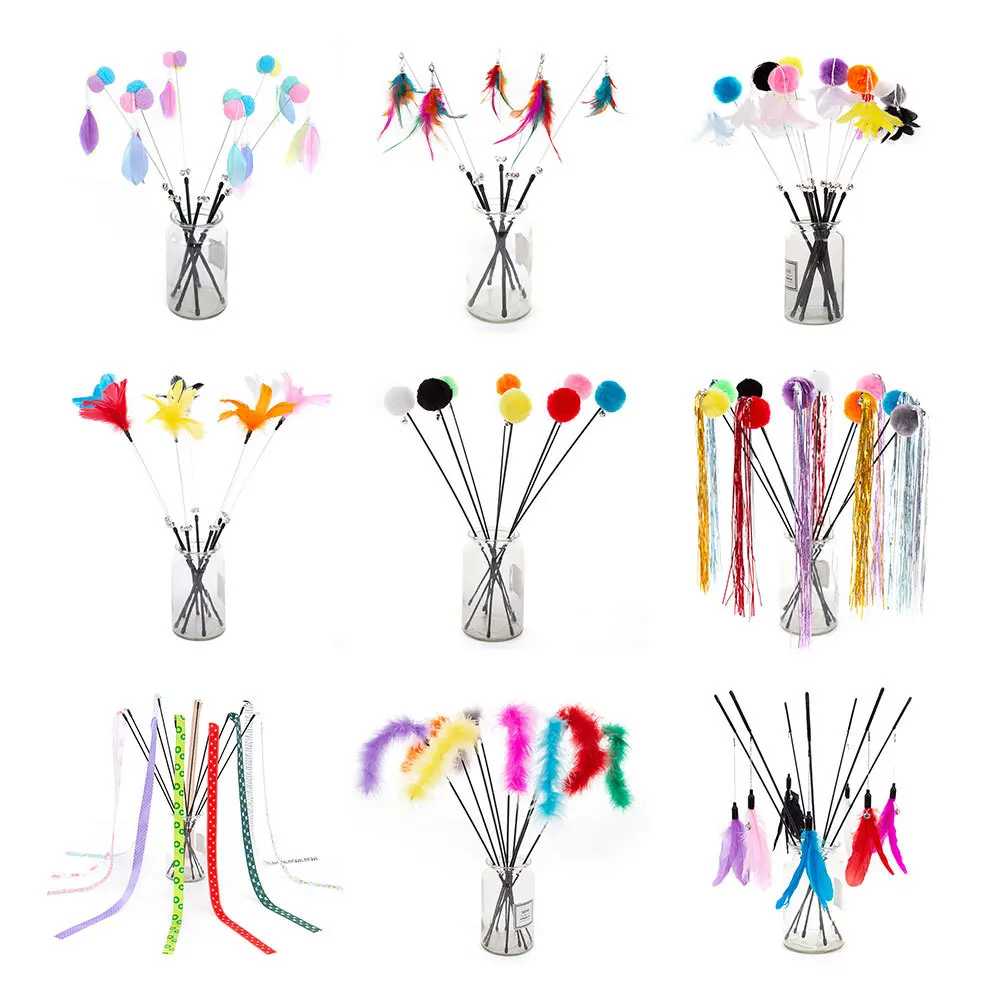 

Wholesale Colorful Feather Interactive Cat Toy Teaser Stick Cat Toy Feather Wand Playing, Mix styles