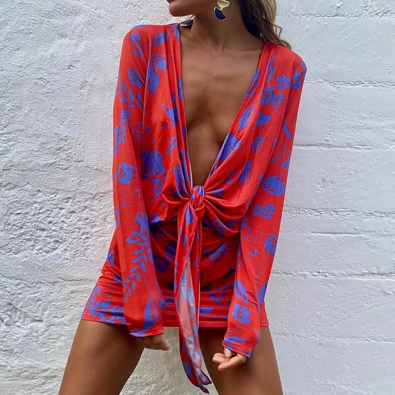 

FS2204D 2021 women V neck long sleeve dress Fashion prints dresses