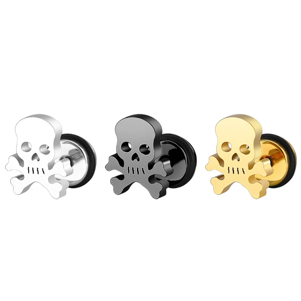 

Unique Hip hop jewelry men stainless steel black skull small stud earrings gold plated, Steel, gold, black