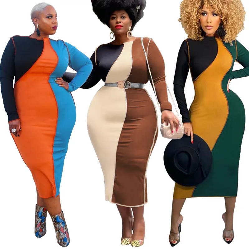 

High Quality M01153 - plus size fashion color blocking long sleeve women dresses