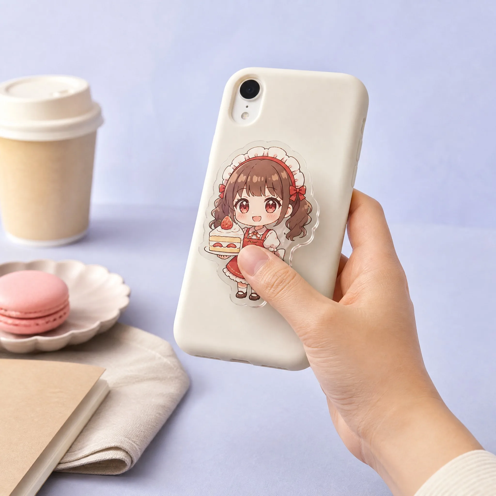 Real Lifestyle In-Hand Hold of Chibi Strawberry Maid Acrylic Phone Grip on White Smartphone Case in Cafe