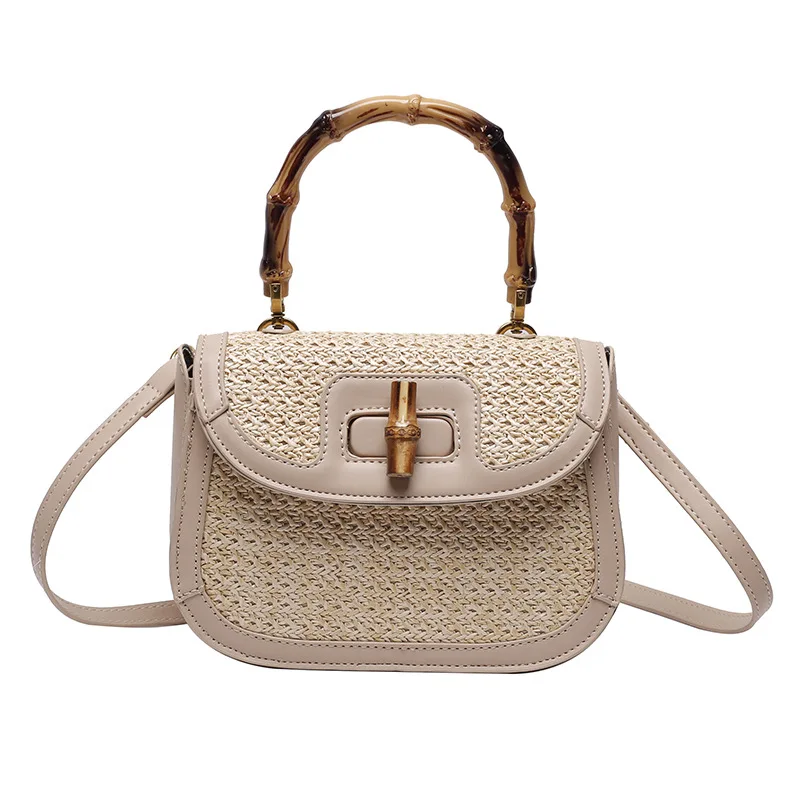 

2022 Spring Summer Fashion Woven Shoulder Handbag Vegan Pu Leather Straw Crossbody Bag with Bamboo Handle, White