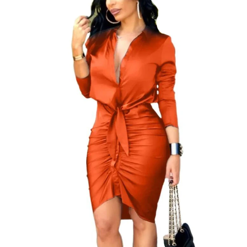 RNSHANGER Women Mini Dress Solid Full Sleeve Trun-down Collar Single Breasted Bandage Stretchy Dresses Office Lady Dress