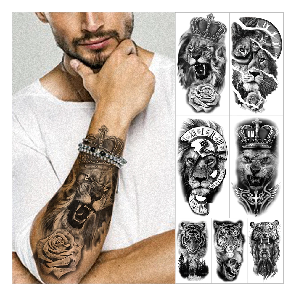 

Custom Wholesale Crown Rose Wolf Lion Tiger Animal Arm Tatto For Men Women Temporary Tattoo Sticker, Black/color