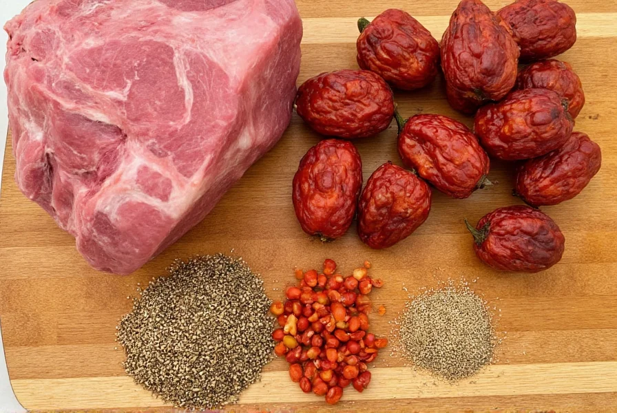 Classic chili ingredients including dried ancho peppers, cubed chuck roast, cumin seeds, and Mexican oregano arranged on wooden cutting board