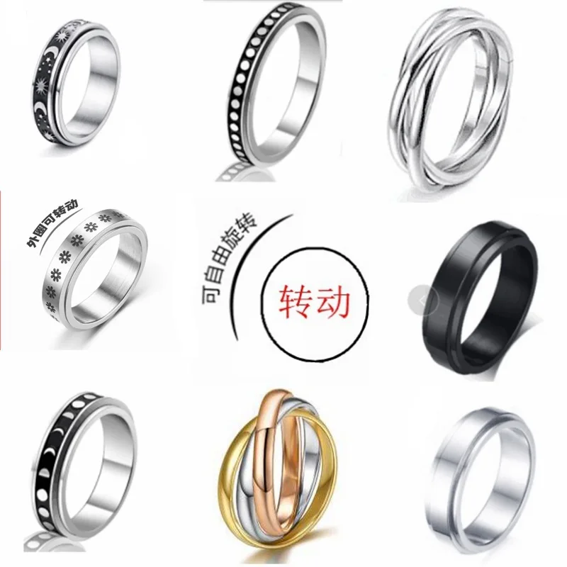 

High Quality Mens Black Stainless Steel Spin Rings Man Fashion Rotatable Chain Rings Jewellery Wedding Couples Rings