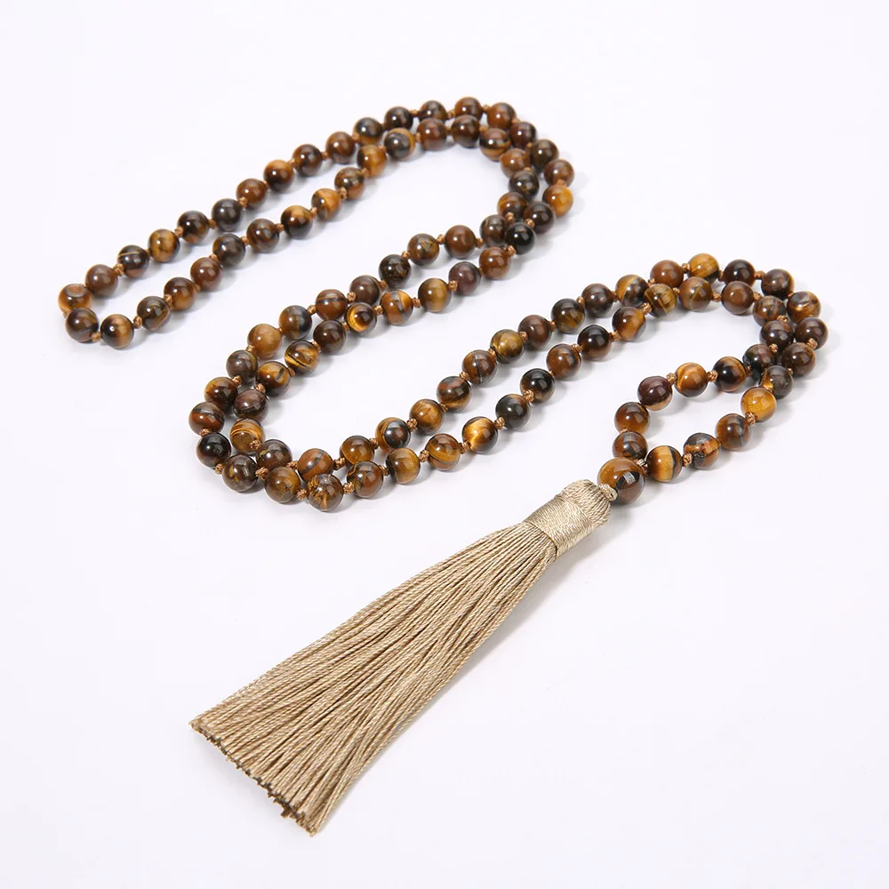 

Natural tiger eye knot mala Beads Necklace With Silver gourd Charm 8mm mala prayer beads japamala wrap bracelet, Picture
