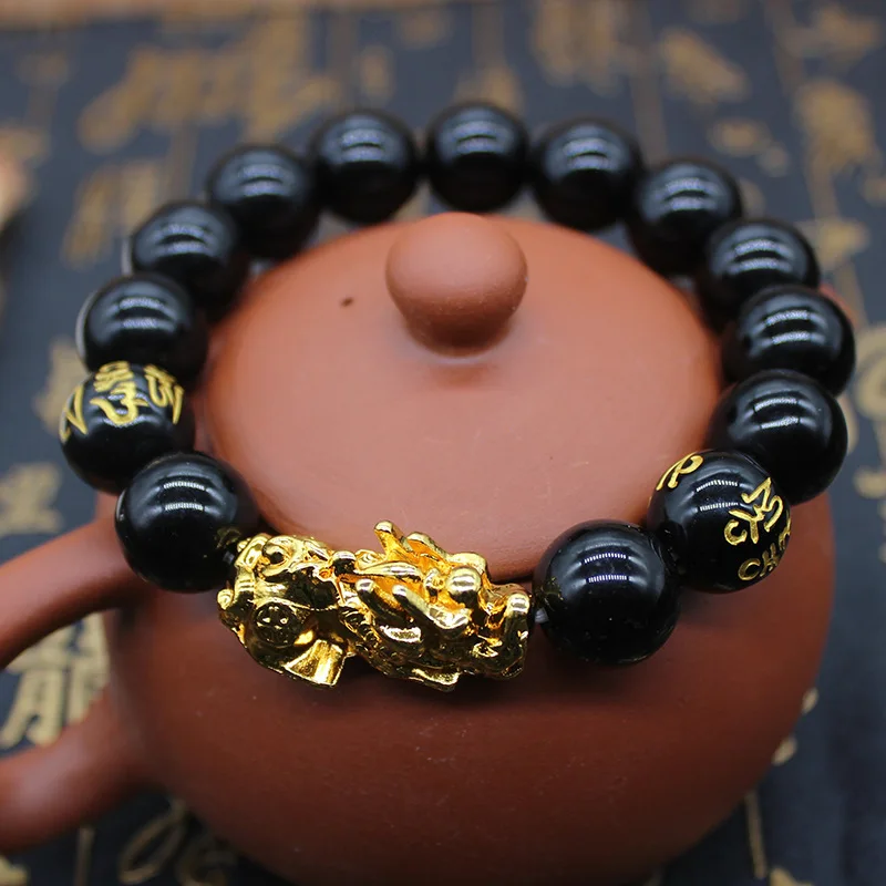 

NEW Feng Shui Pi Xiu Bracelet Black Obsidian Wealth Jewelry for Men Women Good Luck Necklace Hand Carved Mantra Bead Bracelet, Gold, silver