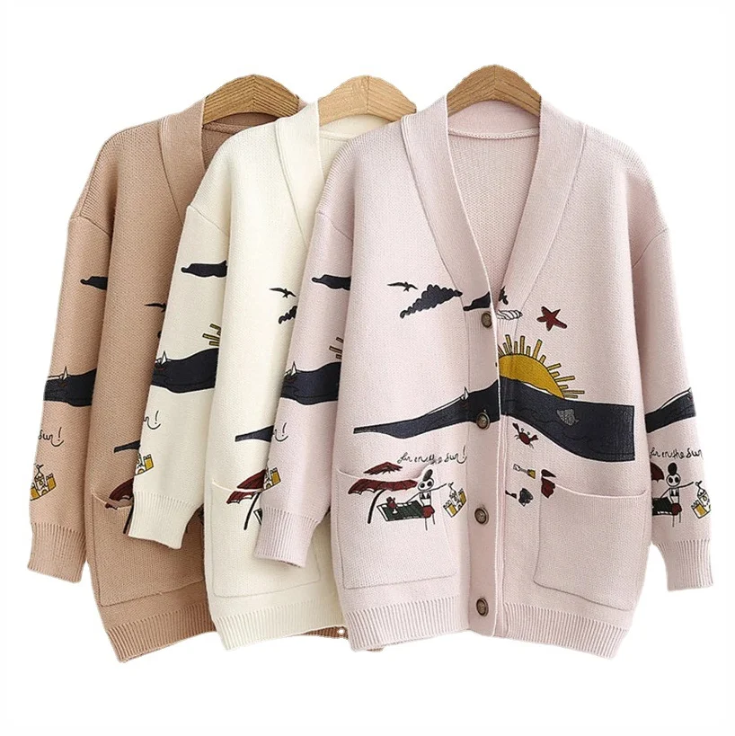 

Cardigan Sweater Women's Autumn And Winter New Loose Cute Print Joker Long Sleeve Women's Knitted Jacket Sweaters Oversize 2021