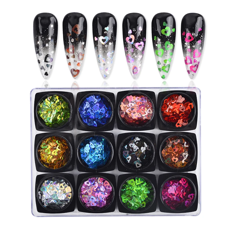 

New 12 colors laser hollow nail heart shaped glitter sequin for Valentine