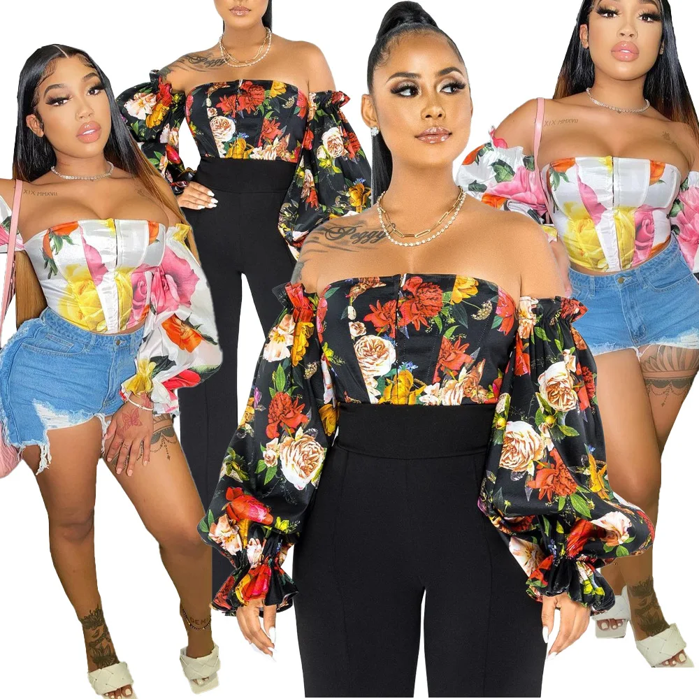 

OR-LS9004 2021 Women Clothing Cross Border Personality One Shoulder Printed Casual Clothes Womens Tube Top, Black, pink