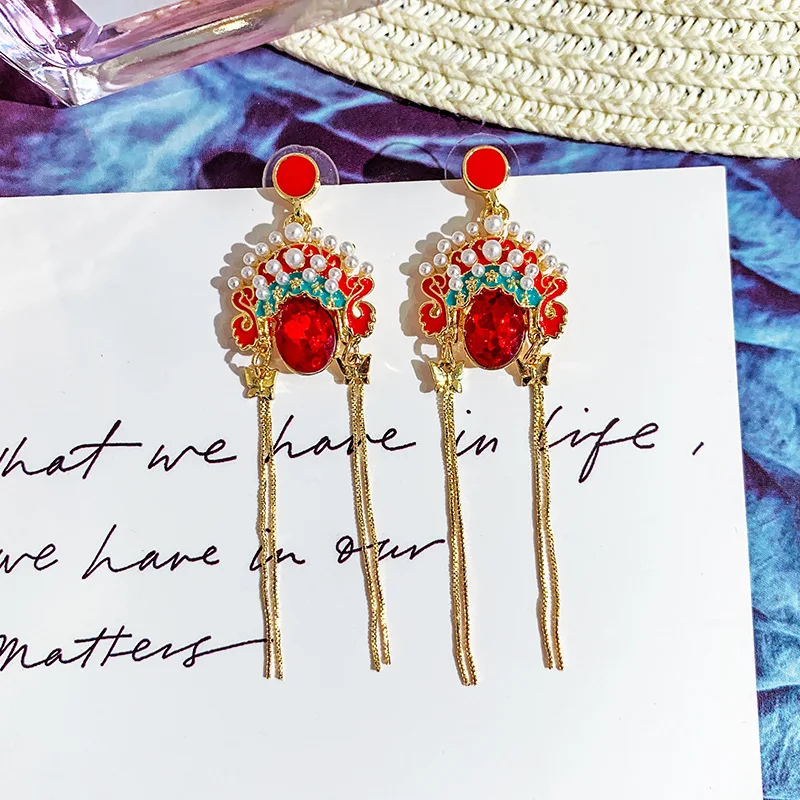 

Fashion Beijing Operas Statement Earrings Pearls Rhinestone Chinese Facial Makeup Tassel Drop Earring For Women (KER422), Same as the picture