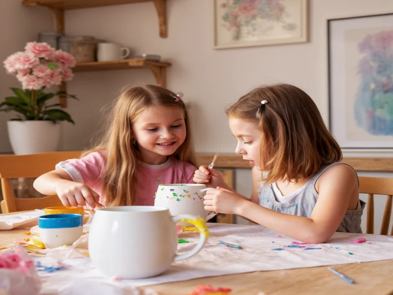 Children painting ceramic mugs at Michaels birthday party