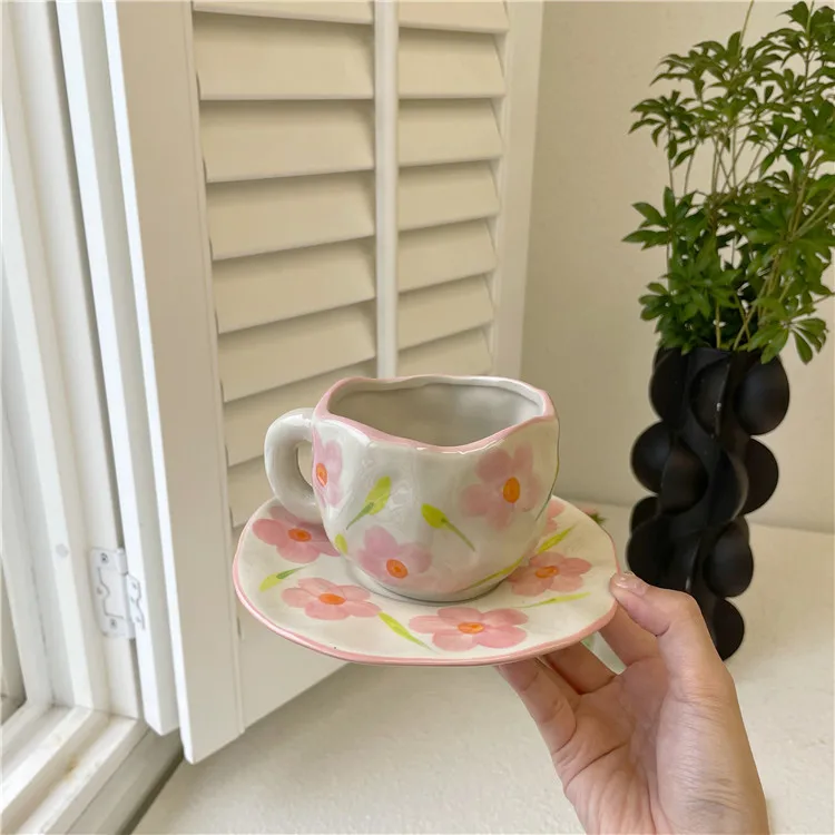 

UCHOME Retro vintage pink flower coffee cup and saucer set afternoon tea ceramic mug