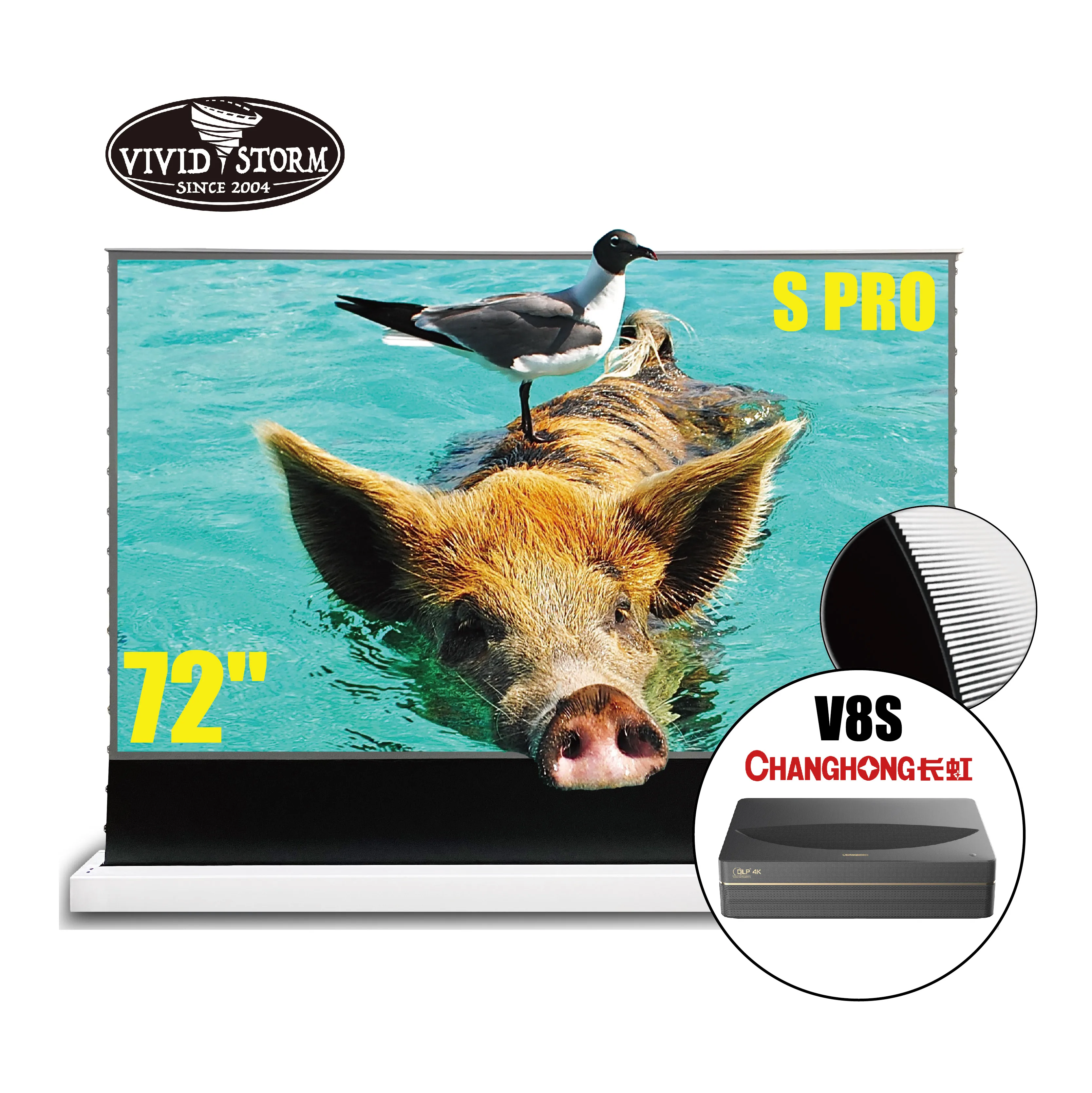 

VIVIDSTORM S PRO 72 inch motor floor rising projector screen ultrashort throw with CHANGHONG V8S 4k UST laser projector