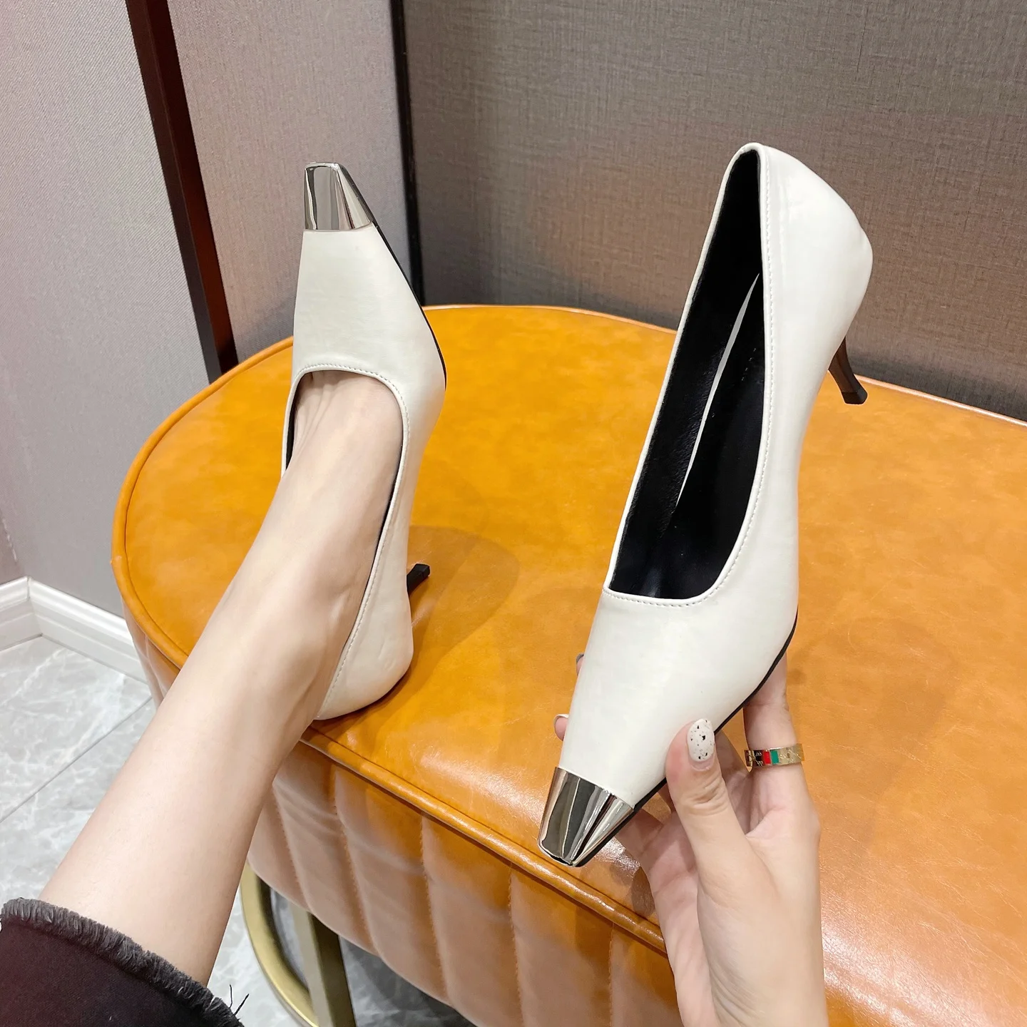 

115143 Deleventh shoes women heels pointy mental toe women shoes 2022 party black elegant formal office party custom heel shoes, Black ,white,brown