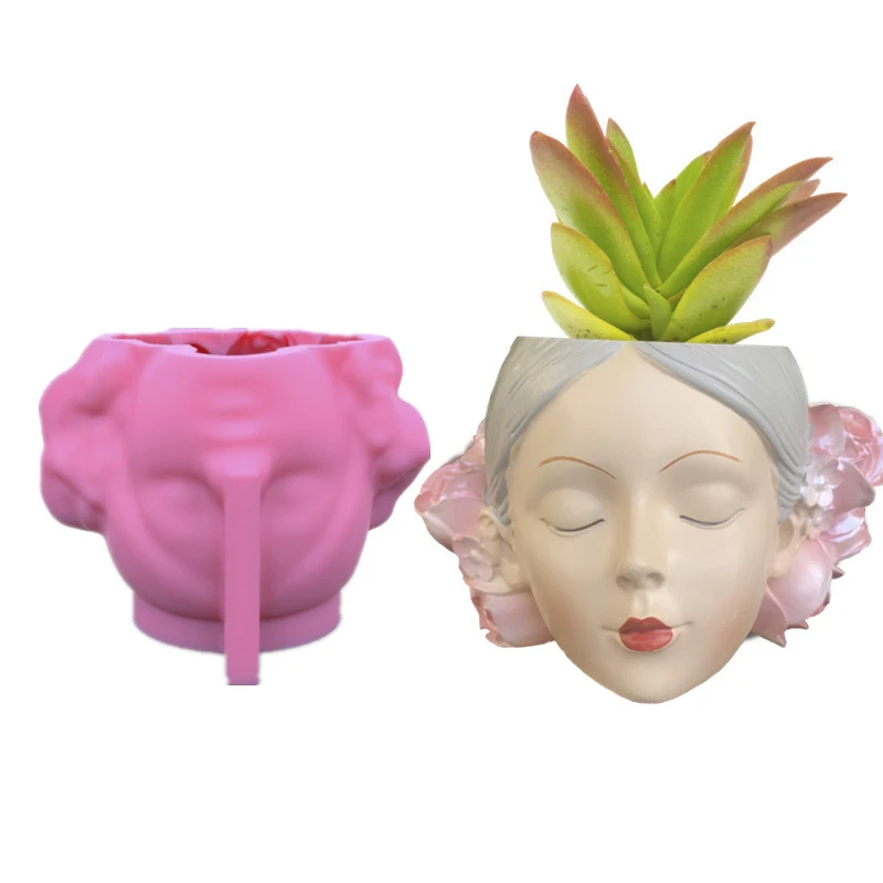 

3D wearing flower closed eyes girl portrait flowerpot silicone molds making concrete plaster cement flower pot silicone mould, Random