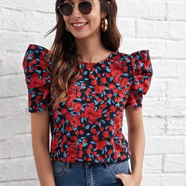 

Women Lady Floral Gigot Sleeve Shirts Tops Blouse