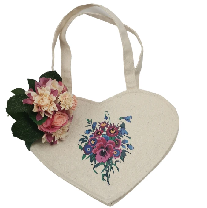 

wholesale Flower Print Female Shopping Canvas Tote Casual Large-capacity Cartoon Women Bag Heart Shape Ladies Shoulder Bags, Picture