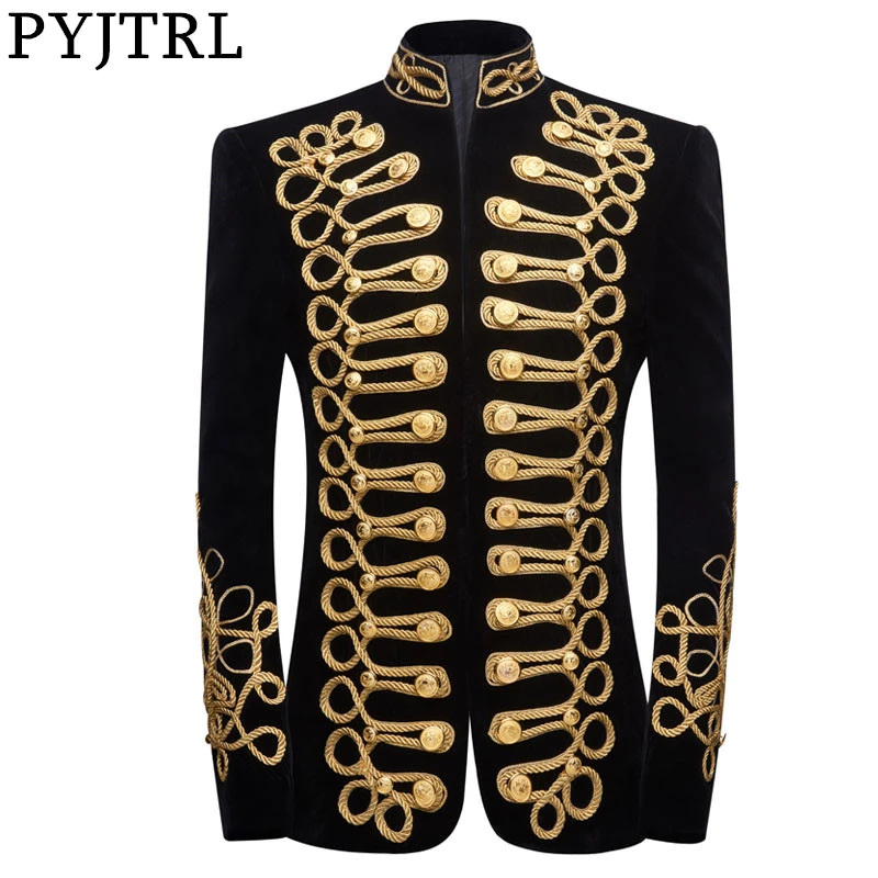 

PYJTRL Men Handmade Black Retro Blazer Gold Embroidery Velvet DJ Singers Nightclub Costume Stylish Suit Jacket Stage Wear