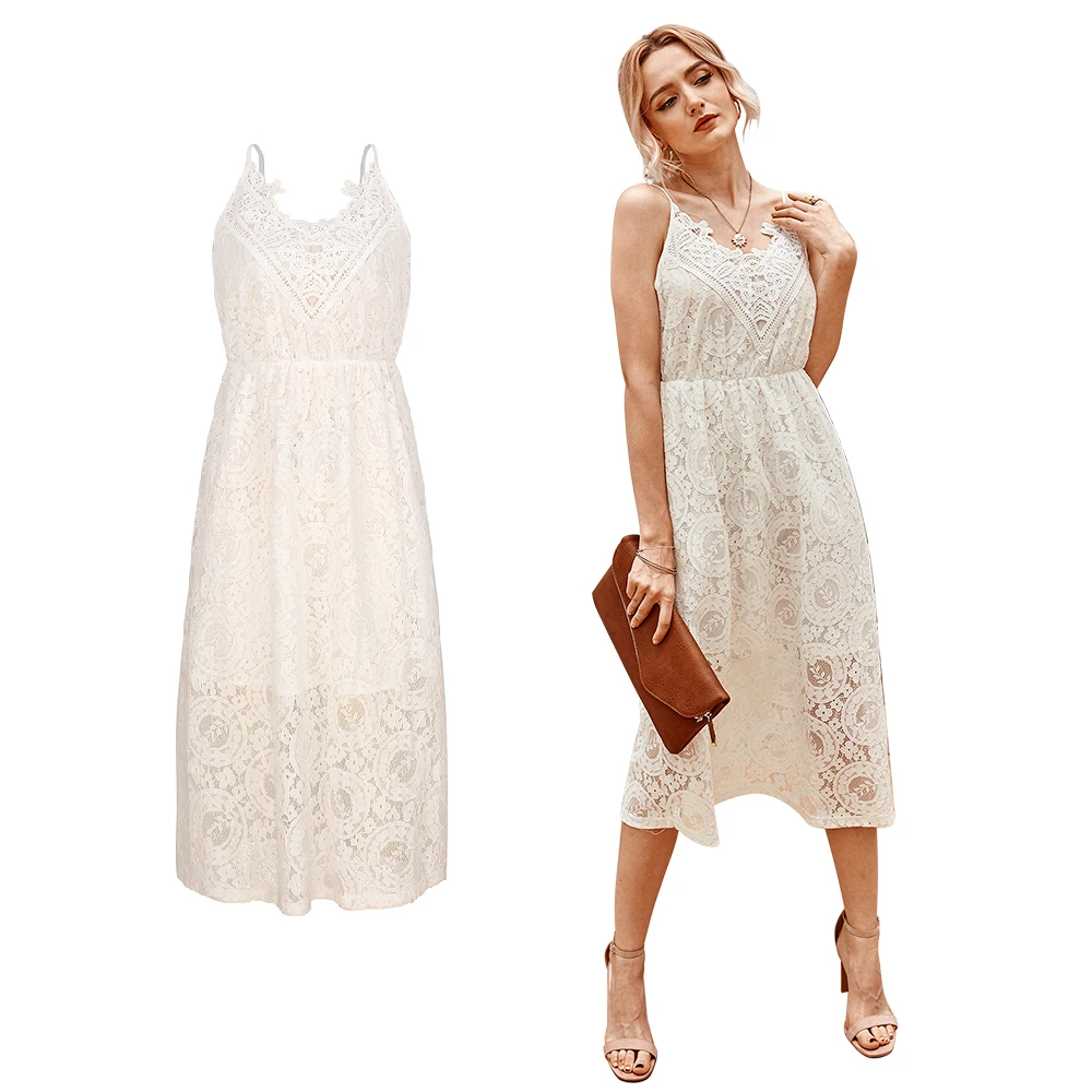 

MUTONGYI Hot Popular Fairy Dress V Neck Hollow Out Midi Vintage Lace Dress White Dress with Lace, Solid