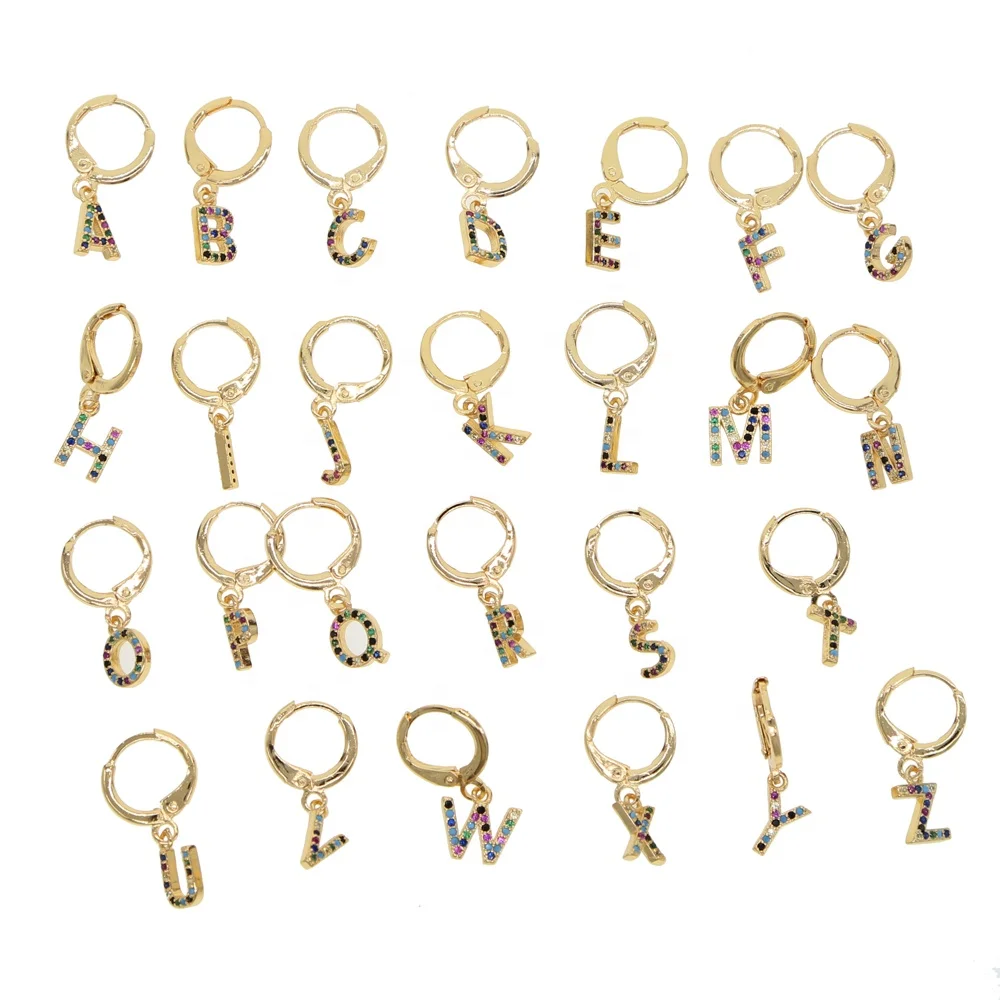 

2021 Wholesale 26 Initial customize letter personalized jewelry colorful cz paved letter Alphabet drop earring Gold