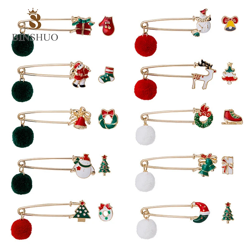 

2021 Cross-Border New Christmas Hair Ball Pin Chest Button Snowman Bell Elk Moon 2-Piece Brooch Set