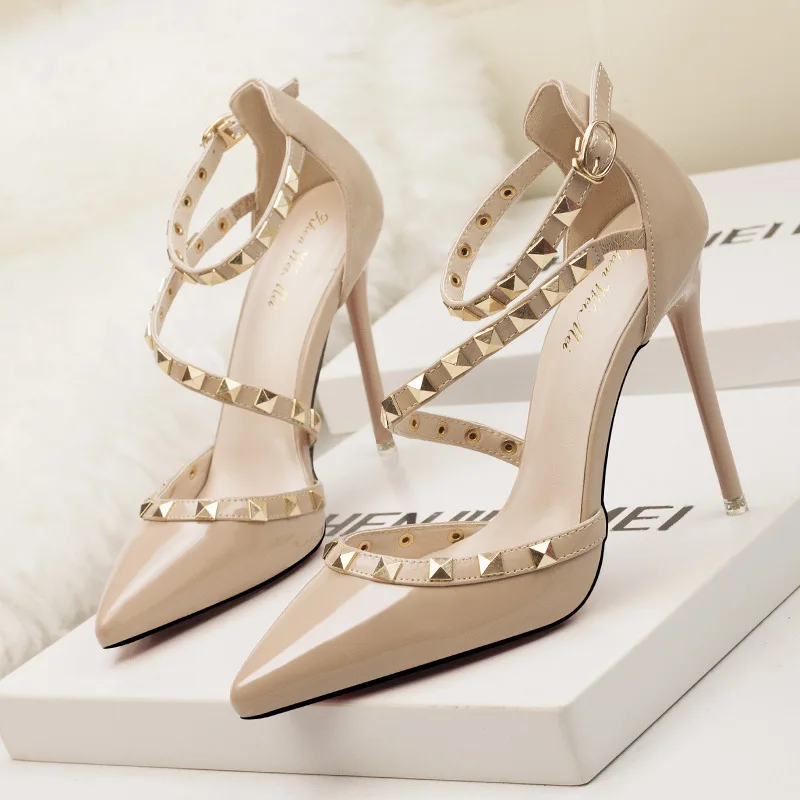 

New Women Pumps Summer Fashion Sexy Rivets Pointed Toe Wedding Party High Heeled Shoes Woman Sandals Zapatos Mujer, As picture