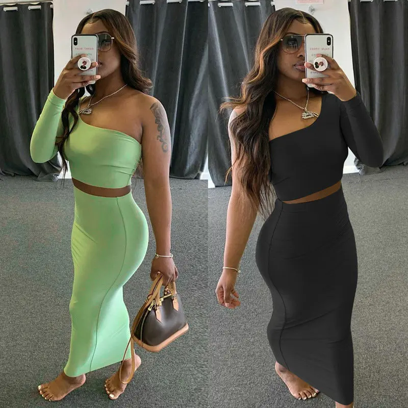 

GHX2729 Hot sale women sexy 2 piece outfit bodycon off shoulder one sleeve crop top and maxi long skirt two piece set