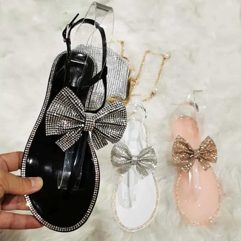 

Fashion solid color women's sandals pvc flip flops crystal Jelly sandals women's rhinestone flat bow slippers shoes, Black,white,pink