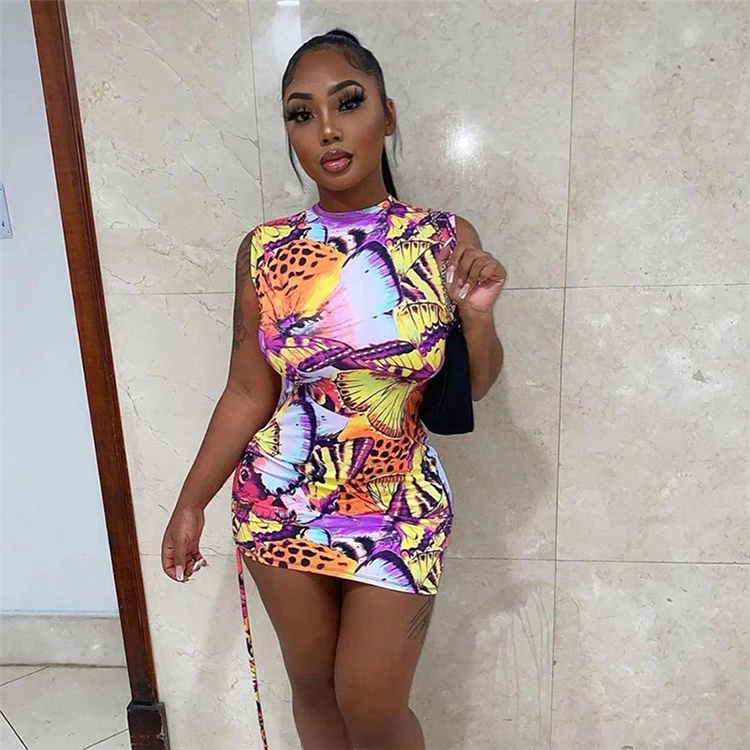 

Multicolored Print Tie-Wrap Backless Short Sleeveless O Neck Dress Bodycon Short Dresses Sexy Women Summer -YS, Yellow