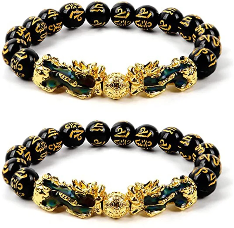 

Wholesale New Charm Black Obsidian Wealth Bracelet Feng Shui Pixiu Real Gold Plated Black Buddha Beads Bracelet For Women Men