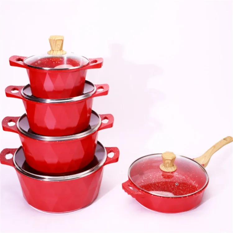 

Maifanshi die casting aluminum non stick pot Frying Pans Pancake Pan Soup pot 28cm Deep Frying Pot 10 pcs cookware sets, Red+black+copper