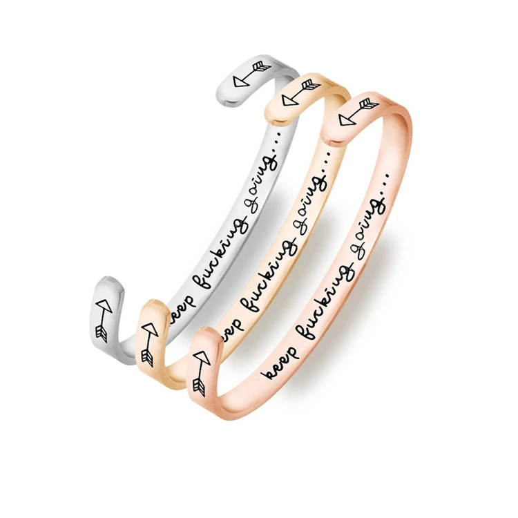 

Personalized Inspirational Mantra Cuff Band Bracelet Silver Gold Customized Open Stainless Steel Bangle For Women, Picture
