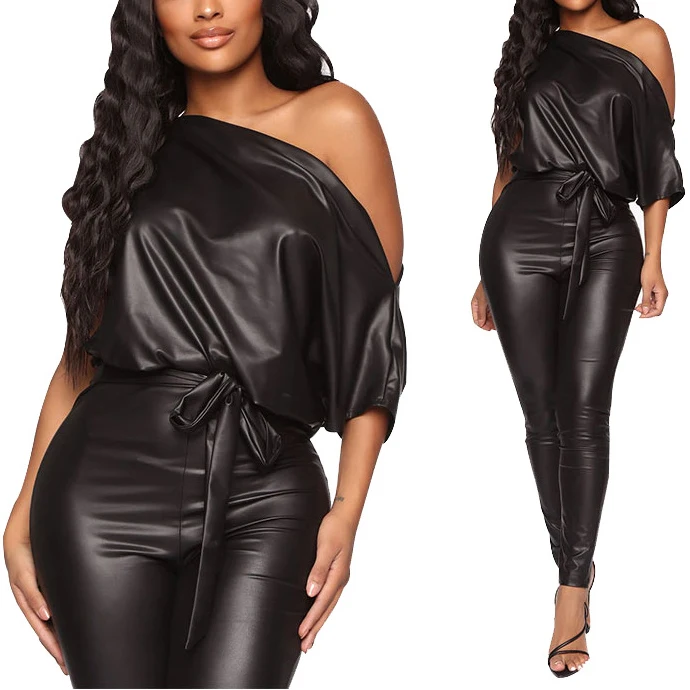 

FS1977D Women sexy bandage Rompers Fashion PU Jumpsuits