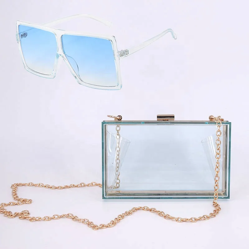 

2021 Candy Color Acrylic Square Box Bag sac a main Clear Purse Handbag Hard Frame Party Clutch purse and sunglasses set, 12 colors