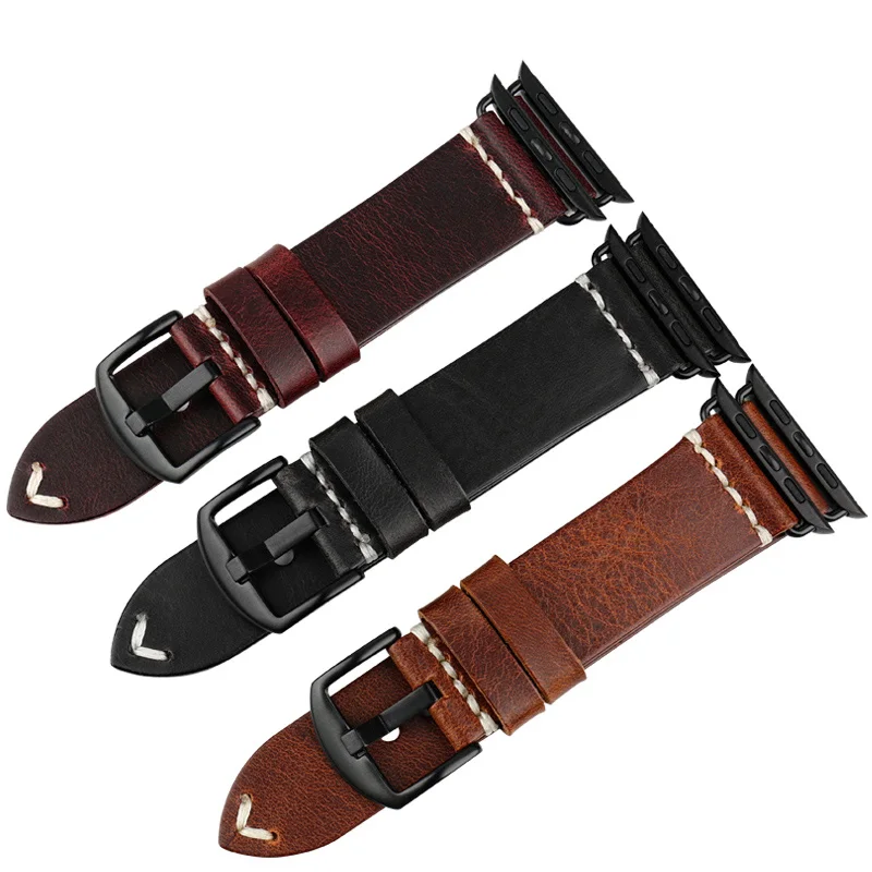 

MAIKES Compatible with Apple Watch Band 38mm 40mm 42mm 44mm Oil Wax Leather Band/Strap for Apple Watch Series SE 6 5 4 3 2 1, Light brown / dark brown / dark grey / red /blue / green /