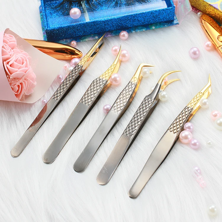 

professional 45 degree custom stainless steel private label black diamond grip eyelash extension tweezers coated tip, Black gold
