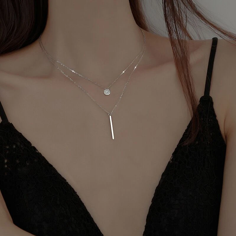 

2021 new 925 silver double layer Necklace women's Sterling Silver Diamond clavicle chain